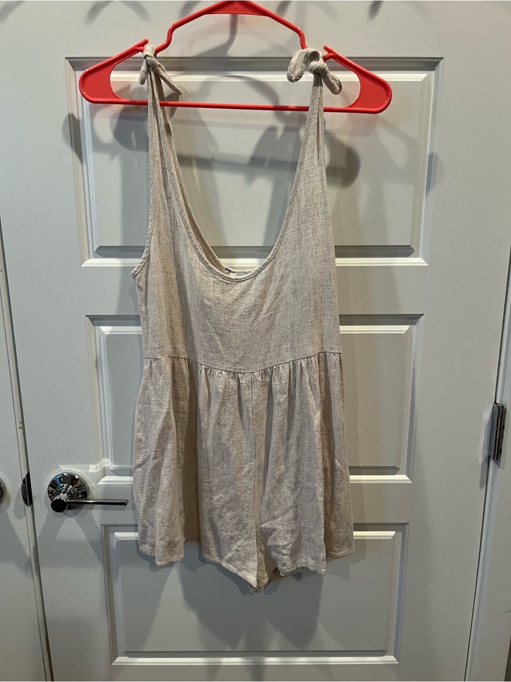 Princess Polly Neutral Tie-Shoulder Linen/Cotton Romper - Beige-size 4